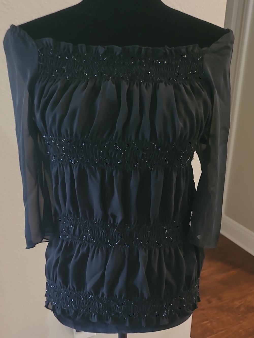 Butterfly Girl Off-Shoulder Black Women's Smocked Blouse Made In Italy Small
